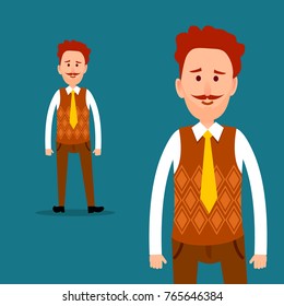 Office worker or clerk character. Red-haired mustached man in orange cardigan knitted waistcoat and tie half-length and full-length portraits flat vector. Businessman or manager cartoon illustration