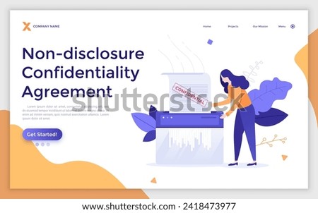 Office worker or clerk destroying document using paper shredder. Concept of destruction of confidential information, private or sensitive data. Modern flat vector illustration for banner, poster.