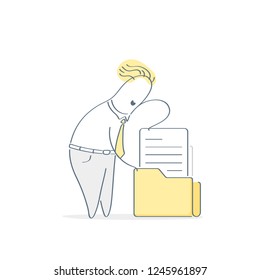 Office worker, clerk at his workplace. Scene from daily life of ordinary person, search for a document in a folder, paper work. Colorful vector illustration in flat outline cartoon style.