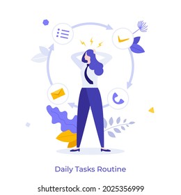 El trabajador de oficina o el empleado están estresados debido al ciclo de flujo de trabajo. Concepto de rutina diaria de tareas, planificación y administración eficaces, sobrecarga de trabajo. Ilustración vectorial plana moderna para pancarta, afiche.