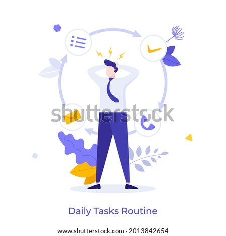 Office worker or clerk stressed out because of workflow cycle. Concept of daily task routine, effective planning and management, work overload. Modern flat vector illustration for banner, poster.