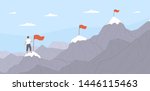 Office worker climbing up mountains or cliffs and moving to final destination point. Concept of gradual business development, successive steps to goal achievement. Flat cartoon vector illustration.