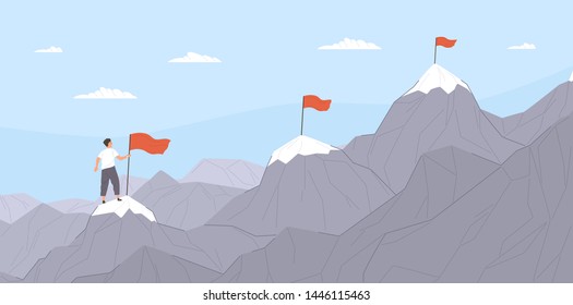 Office worker climbing up mountains or cliffs and moving to final destination point. Concept of gradual business development, successive steps to goal achievement. Flat cartoon vector illustration.