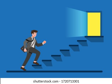 office worker climbing up stairs to exit door, business man finding way to escape cartoon flat illustration vector
