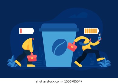 Office worker coffee break flat vector illustration. Caffeine addiction, emotional burnout, energetic drink concept. Tired and sleepy employee drinking espresso in morning cartoon character