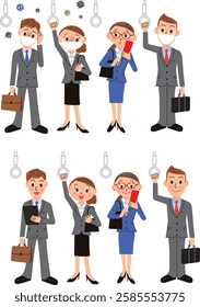 An office worker with a cold under the train strap and a healthy office worker