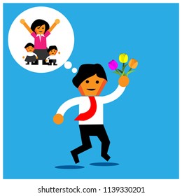 Office Worker come home bring flowers for his family. flat design