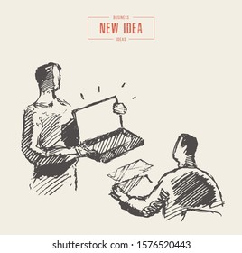 Office worker comes to the boss with a new idea. Hand drawn vector illustration, sketch