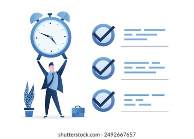 Trabajador de oficina completó todas las tareas a tiempo. Concepto de fecha límite, gestión del tiempo. Un hombre de negocios sostiene un gran reloj despertador. Programar, lista de tareas pendientes. Productividad en el proceso empresarial. Ilustración vectorial plana