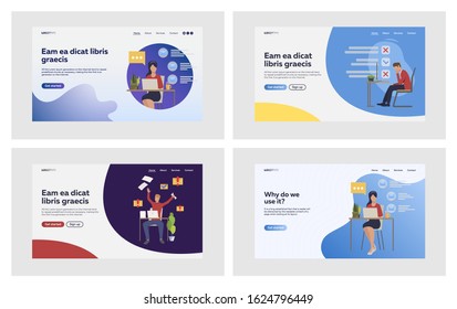 Office worker completing tasks set. Employee workplace, laptop, work. Flat vector illustrations. Management, project, communication concept for banner, website design or landing web page