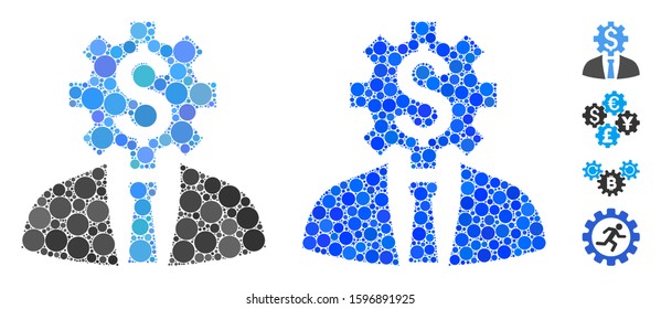 Office worker composition of round dots in different sizes and color tinges, based on office worker icon. Vector round dots are organized into blue collage.