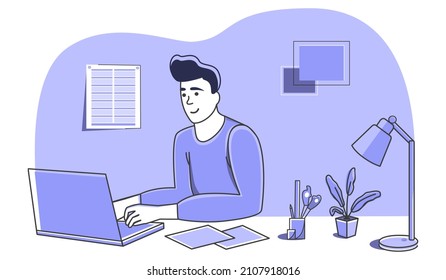 Trabajador de oficina en el equipo. Caricatura a la moda. Se puede usar para trabajar en casa, freelance, cursos, ocio, comunicación, cuarentena, diseño de páginas web, publicidad. Vector.