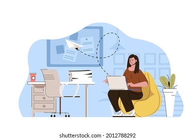 Office worker concept. Employee does work tasks, works on laptop, sends emails situation. Workflow, paperwork people scene. Vector illustration with flat character design for website and mobile site