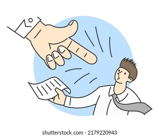 Office worker is confused and upset under the oppression of a large hand pointing at him, as the management pressure