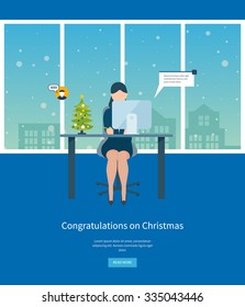 Office worker. Congratulations to the staff at the New Year and Christmas. Christmas greeting card. Happy New Year. Vector illustration.