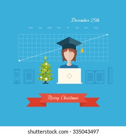 Office worker. Congratulations to the staff at the New Year and Christmas. Christmas greeting card. Schedule online learning students