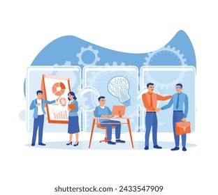 Puzzleelemente für Office Worker-Verbindungen. Zwei Männer geben sich die Hand, nachdem die Gespräche über eine partnerschaftliche Zusammenarbeit abgeschlossen sind. Teamkommunikation. flache Vektor moderne Illustration