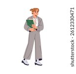 Office worker in costume carries documents. Happy employee goes, holds business report. Young woman walks with folder, files, papers in hands. Flat isolated vector illustration on white background