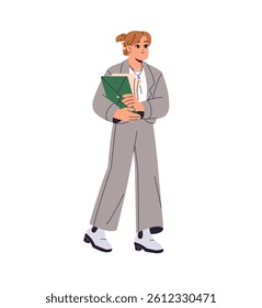 Office worker in costume carries documents. Happy employee goes, holds business report. Young woman walks with folder, files, papers in hands. Flat isolated vector illustration on white background