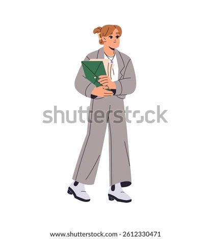 Office worker in costume carries documents. Happy employee goes, holds business report. Young woman walks with folder, files, papers in hands. Flat isolated vector illustration on white background