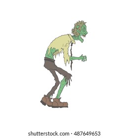 Office Worker Creepy Zombie With Rotting Flesh Outlined Hand Drawn Adult Style Illustration Isolated On White Background