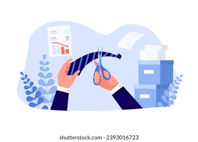 Office worker cutting tie with scissors vector illustration. Document with decreasing diagram, boxes with documents on background. Job cuts, dismissal of workers, HR, crisis concept