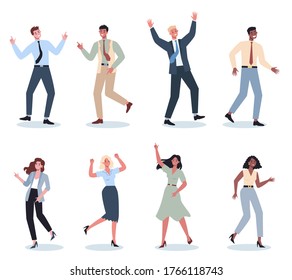 Juego de baile del trabajador de oficina. Colección de gente de negocios con traje bailando juntos. Empleado divirtiéndose en el lugar de trabajo. Ilustración de dibujos animados aislados