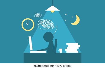 Office Worker Deadline Busy Overtime Late Night On Working Space Table Laptop Or Computer Notebook Blue Background Flat Vector Design.