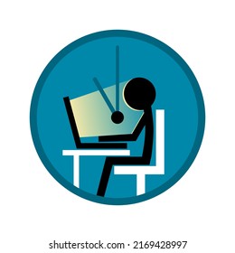 Plazo de trabajo de oficina horas extraordinarias ocupadas tarde noche con portátil de mesa de trabajo o portátil de ordenador portátil en diseño vectorial plano de reloj azul.