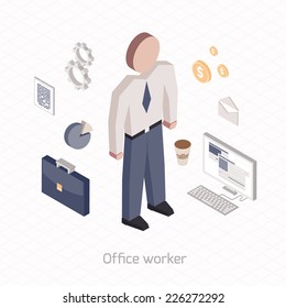 Office worker design in isometric illustration style with flat icons vector business concept