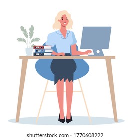 Office worker at the desk. Business character in office. Person in suit doing different work. Employee at their workplace. Isolated flat vector illustration