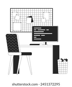 Mesa de trabajo de oficina con el objeto de dibujos animados de línea 2D blanco y negro de la computadora. Cómodo lugar de trabajo con elementos de contorno de Vector aislado pc. Ilustración monocromática del punto plano de la decoración interior del Espacio de trabajo