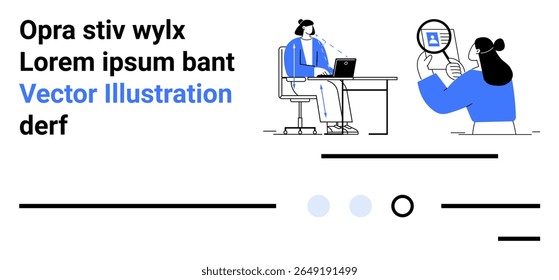 Office worker at desk with laptop, person holding device displaying connection symbol. Ideal for remote work, virtual meetings, business communication, technology, digital collaboration, modern