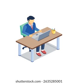 Office Worker at Desk with Laptop Vector Illustration
