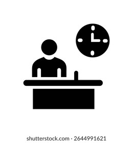 Office worker at desk with wall clock icon representing employee time management, punctuality, attendance, working hours tracking, productivity, work schedule, business environment and office routine