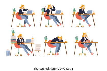 Office worker different emotions and activities, work and procrastination set. Manager woman sit at desk with laptop rejoice, rage, eat lunch, boring, sleep and think Line art flat vector illustration