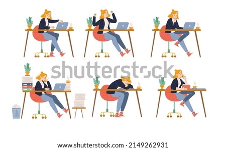 Office worker different emotions and activities, work and procrastination set. Manager woman sit at desk with laptop rejoice, rage, eat lunch, boring, sleep and think Line art flat vector illustration