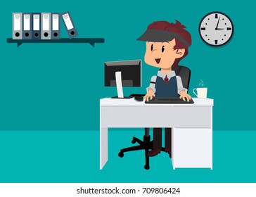 Office worker doing end-of-month accounting, financial balance sheet