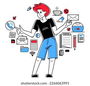Trabajador de oficina haciendo ilustración de esquema de vectores de trabajo diario, carrera en la empresa para empleados, negocios y papeleo, gerente.