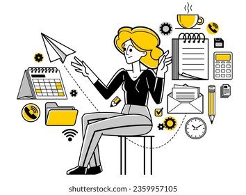 Trabajador de oficina haciendo ilustración de esquema de vectores de trabajo diario, carrera en la empresa para empleados, negocios y papeleo, gerente.