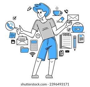 Office worker doing everyday job vector outline illustration, career in company for employee, business and paperwork, manager.