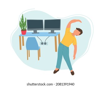 Office worker is doing exercises. A man does exercises and stretches his body near a table with two computers. Healthy lifestyle, workout at home.
Man training in the office.
Flat vector.