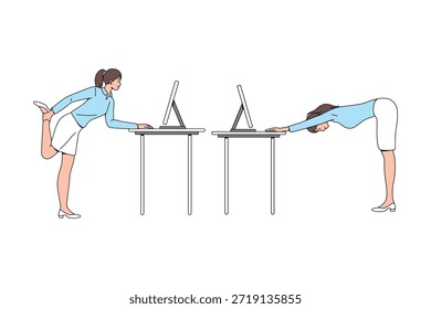 Trabajador de oficina haciendo estiramientos de piernas y espalda en el escritorio. Ejercicio de oficina de escritorio. Ilustración vectorial plana. 