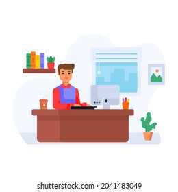 Trabajador de oficina haciendo trabajo en línea, ilustración plana del autónomo