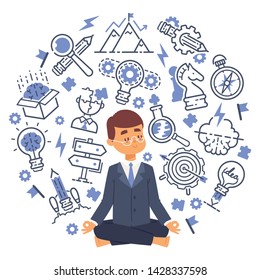 Office worker doing yoga to calm down stressful emotion from hard work in office with thoughts and ideas icons on background. Concept of meditation. Vector illustration for banners or posters.