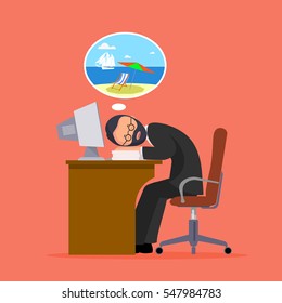 Office worker of a dream of a summer vacation, vector illustration.