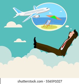 Office worker of a dream of a summer vacation, vector illustration.
