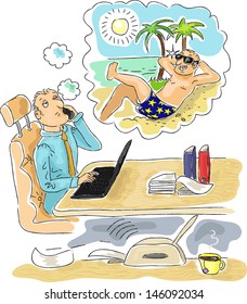office worker in the office dreaming about summer vacation