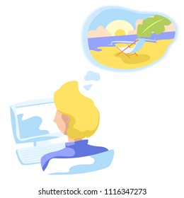Office worker dreaming about tropical beach. Sunny beach with deck chair and palm leaf in dreams. Office manager with computer thinking of seaside escape. Summer holiday for businessman. Office job