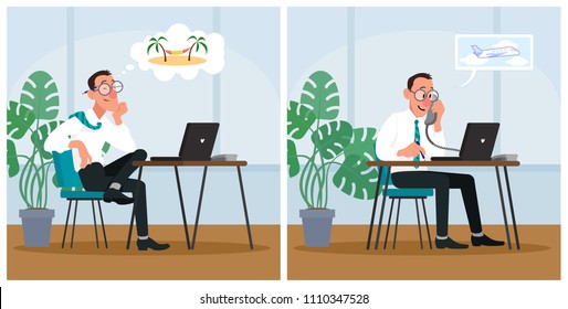 Office worker dreaming about vacation and booking tickets on plane. Cartoon vector illustration